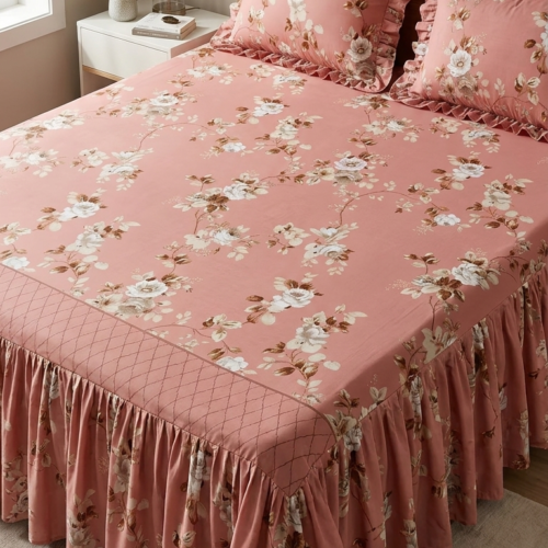 VINTAGE DUSTY PINK FLORAL BEDSHEET SET WITH ELEGANT FRILL BORDER
