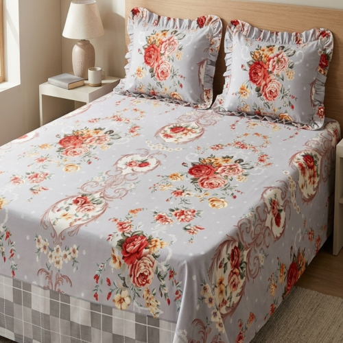 VINTAGE GREY FLORAL BEDSHEET SET WITH CHECKERED DROP & FRILLED PILLOWS