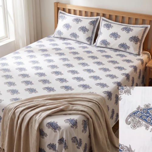 LIGHT STAR(BLUE POD & WHITE FLOWERS) DOUBLE BEDSHEET