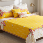 5PC FLORAL POLKA DOT BEDSHEET SET, YELLOW AND WHITE, DOUBLE BED, WITH QUILTED PILLOW COVERS AND SMALL CUSHIONS