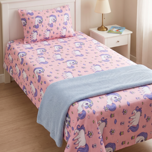 KIDS UNICORN PRINT COTTON SINGLE BEDSHEET WITH 1 PILLOW COVER, PINK, 152 X 228 CM