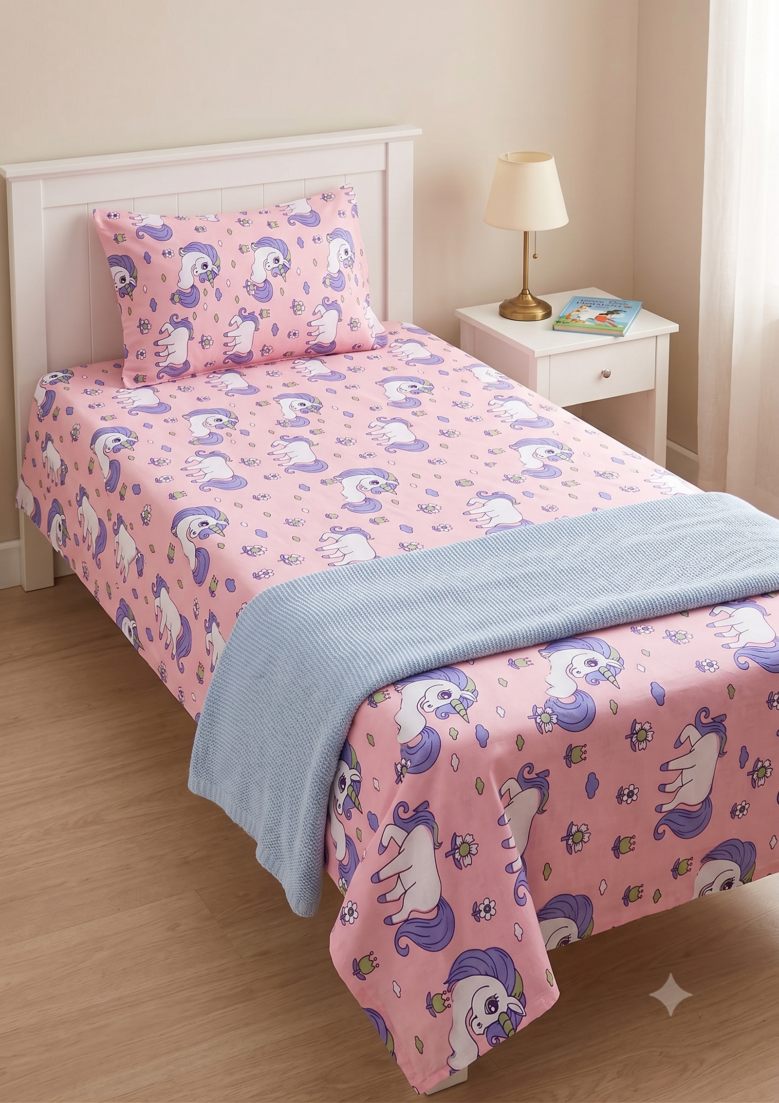 KIDS UNICORN PRINT COTTON SINGLE BEDSHEET WITH 1 PILLOW COVER, PINK, 152 X 228 CM