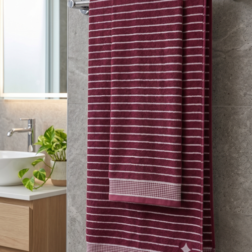PREMIUM STRIPED BATH TOWEL| WHITE BORDER PRINT| STRIPED| 70×140| MAROON & WHITE
