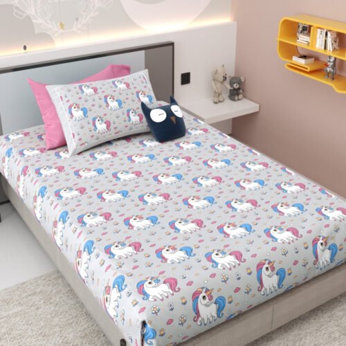 KIDS UNICORN PRINT SINGLE BEDSHEET SET WITH 1 PILLOW COVER, GREY, 60 X 90 INCHES