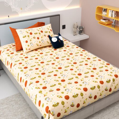KIDS SPACE THEME BEDSHEET SET, SINGLE SIZE 152 X 229 CM, YELLOW WITH ASTRONAUT AND UFO PRINT, 1 PILLOW COVER