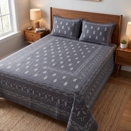 ELEGANT INDIGO CHARCOAL BLUE BLOCK-PRINT COTTON BEDSHEET SET