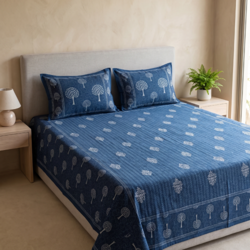 ARTISANAL TREE & PINECONE BLOCK-PRINT COTTON BEDSHEET SET