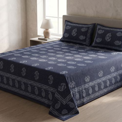 ARTISANAL CURVED FERN-LIKE LEAVES BLOCK-PRINT COTTON BEDSHEET SET