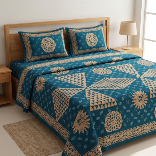 ELEGANT INDIGO WITH PINWHEEL AND FLORAL BLOCK-PRINT COTTON BEDSHEET SET