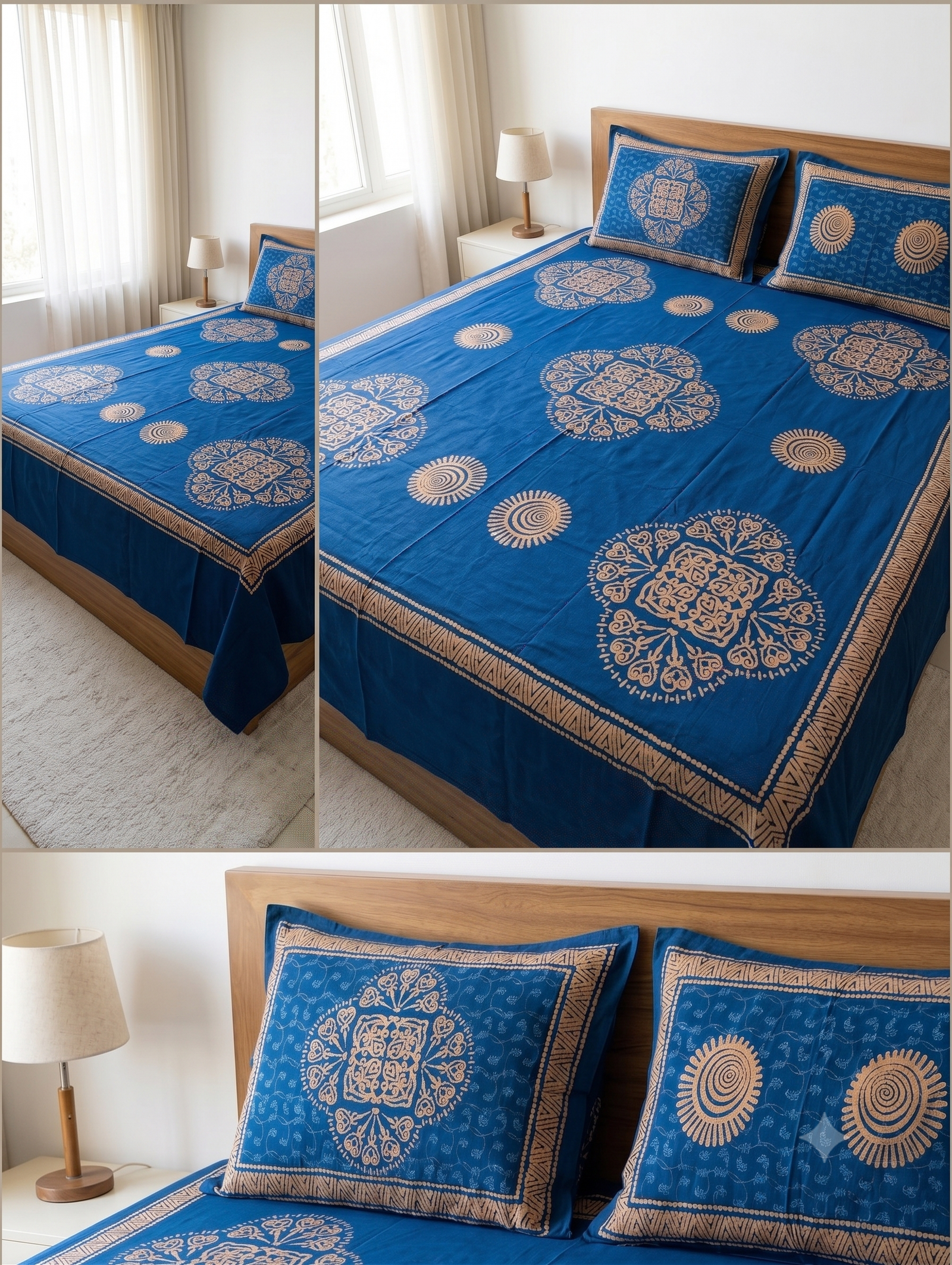 INDIGO COTTON QUEEN SIZE BEDDING SET WITH MANDALA-STYLE MEDALLION MOTIF (100 X 108) - Image 2