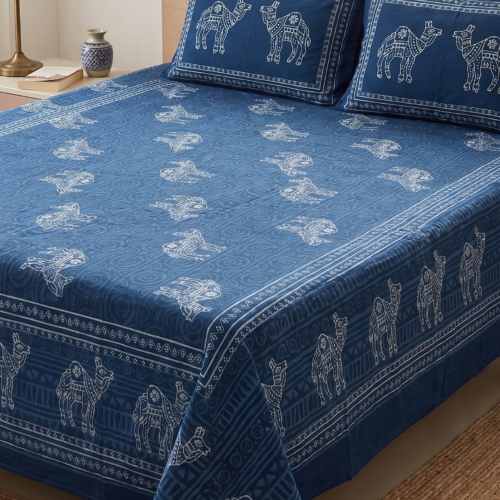 TRADITIONAL FOLK-ART CAMEL BLOCK-PRINT COTTON BEDSHEET SET