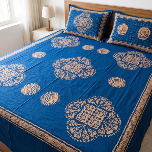 INDIGO COTTON QUEEN SIZE BEDDING SET WITH MANDALA-STYLE MEDALLION MOTIF (100 X 108)