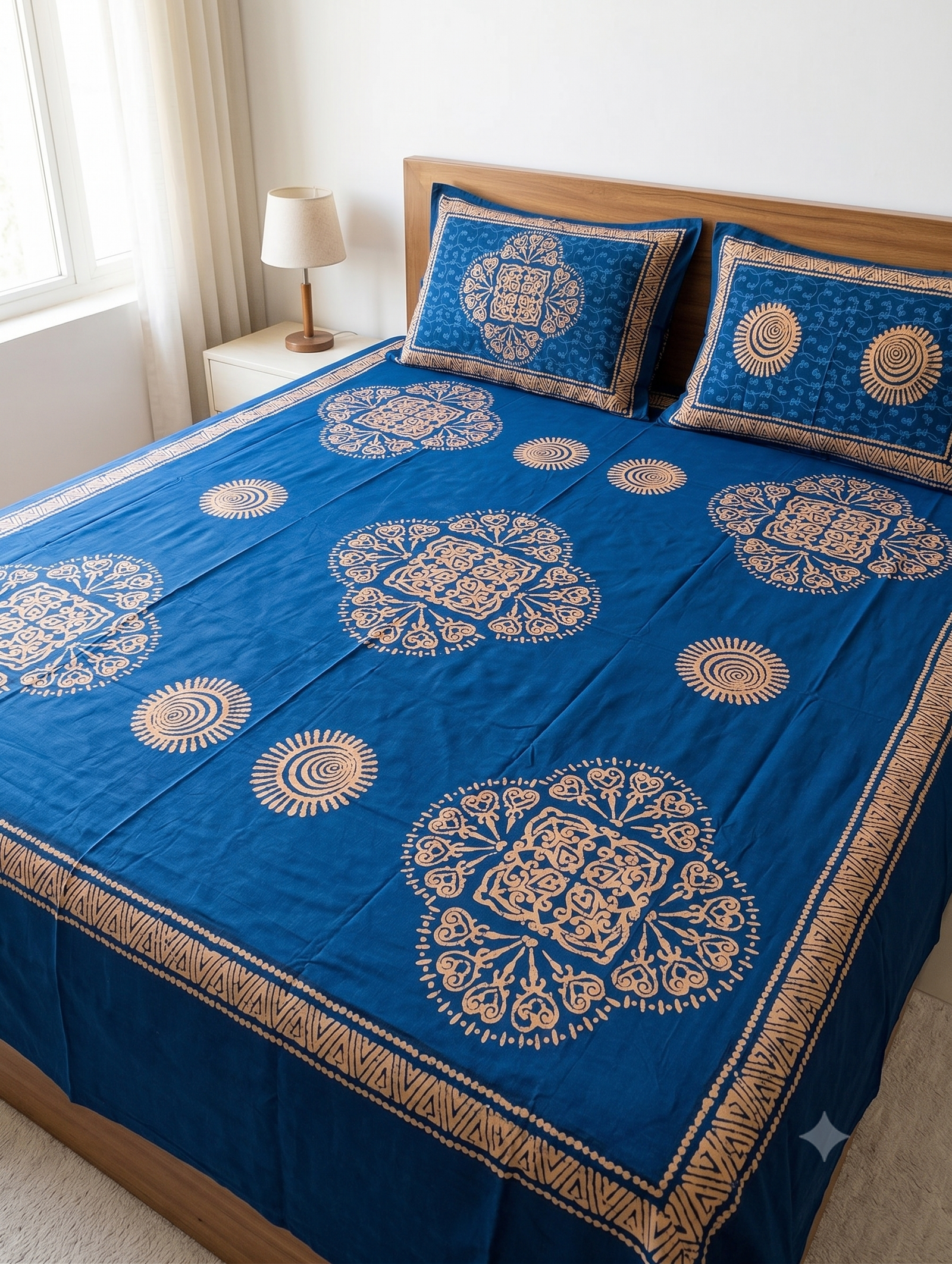 INDIGO COTTON QUEEN SIZE BEDDING SET WITH MANDALA-STYLE MEDALLION MOTIF (100 X 108)