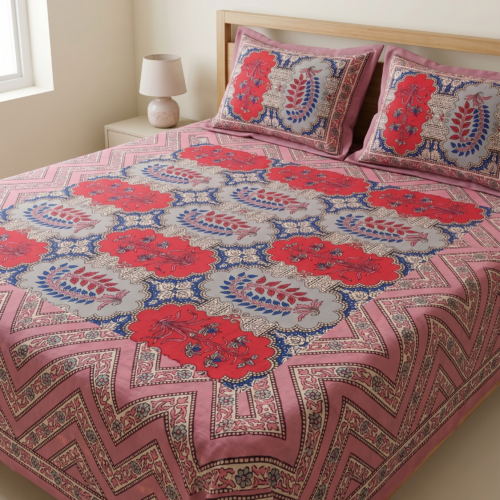 VIBRANT SCALLOPED FLORAL AND ZIGZAG BORDER COTTON BEDSHEET SET
