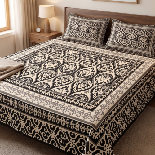 MONOCHROMATIC DAMASK AND SCROLLWORK BLOCK-PRINT COTTON BEDSHEET SET