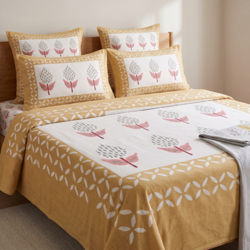 MUSTARD AND WHITE STYLIZED FLORAL COTTON BEDSHEET SET