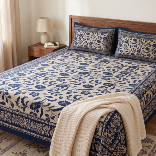 NAVY BLUE BOTANICAL VINE BLOCK-PRINT STYLE COTTON BEDSHEET SET