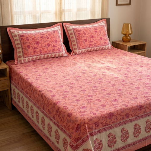 TRADITIONAL PEACH FLORAL & PAISLEY BORDER COTTON BEDSHEET SET