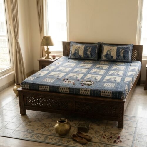 TRADITIONAL HAND-BLOCK PRINTED INDIAN DANCE-MOTIF KING-SIZE BEDSHEET IN BLUE AND CREAM