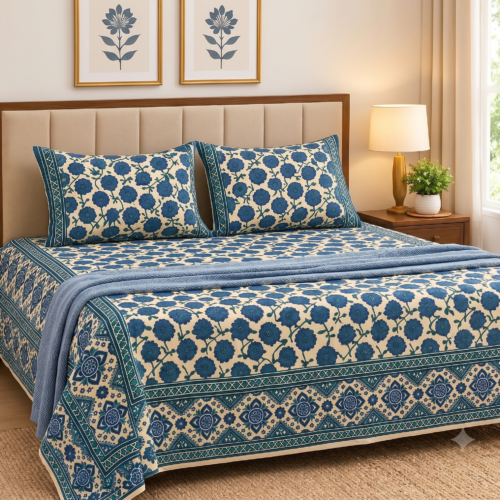 INDIGO FLORAL MOTIF SUPER KING-SIZE BEDSHEET